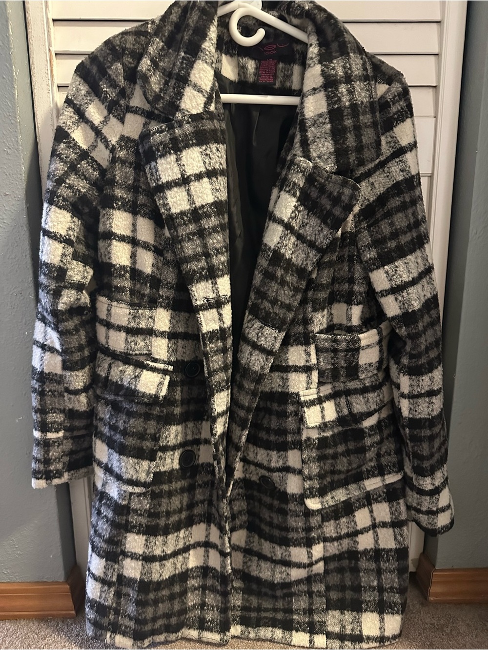 New Look Black and White Plaid Pea Coat